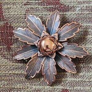 Vintage Copper By Bell Flower Leaf Brooch with Gold Tone Center